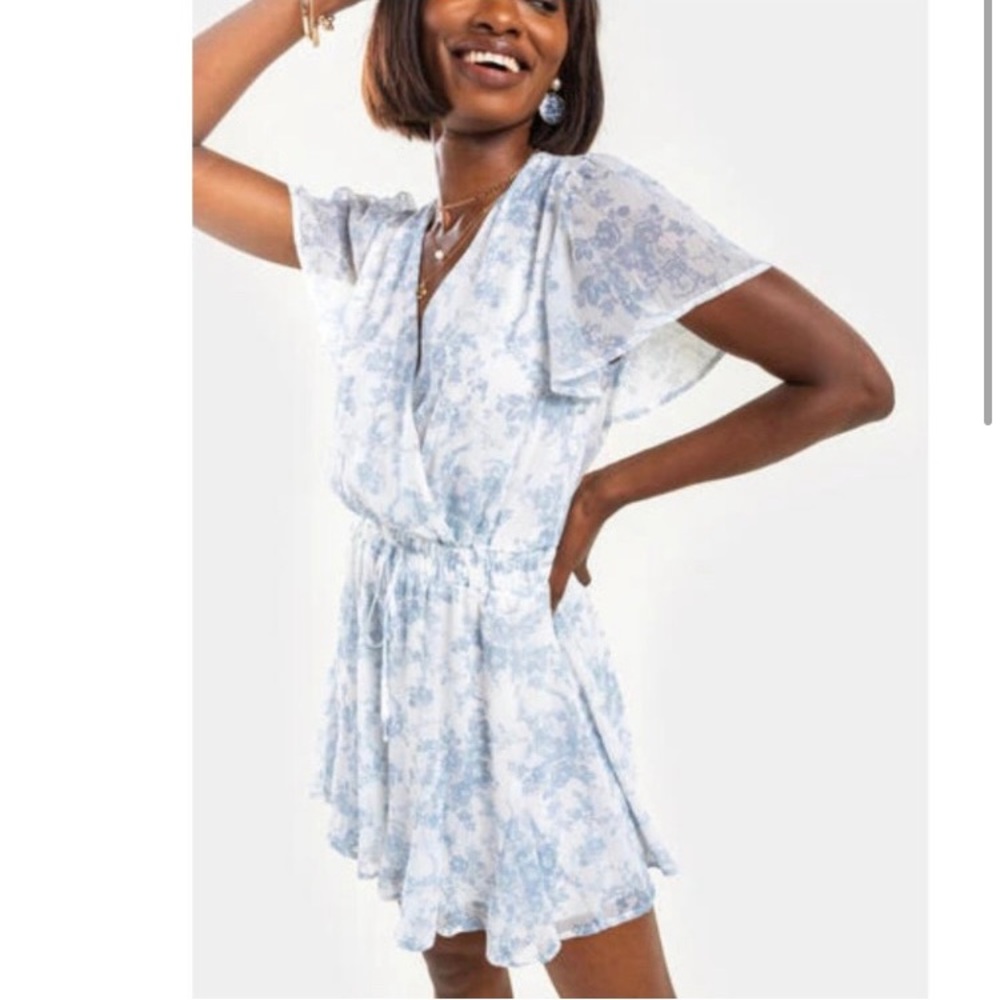 NWT Francesca's Bri Floral Godet Romper Blue White Toile Size XS